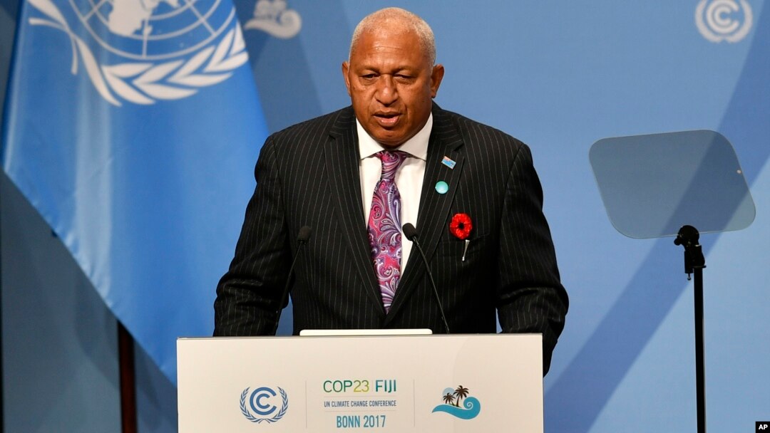 Fiji's Prime Minister Frank Bainimarama talks at the opening of the U.N. Climate Change Conference in Bonn, Germany, Nov. 6, 2017. 