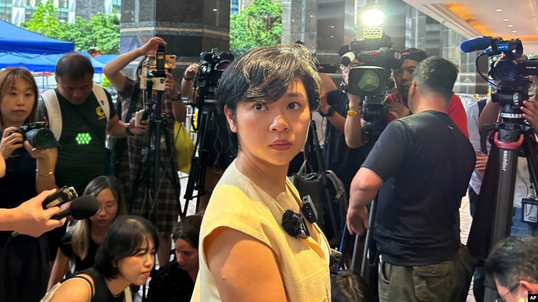 FILE - Selina Cheng, chairperson of the Hong Kong Journalists Association, speaks to media in Hong Kong on July 17, 2024.