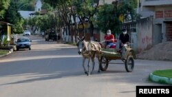 A couple rides on a horse carriage, in Alpercata, Minas Gerais state, Brazil, November 4, 2021. Picture taken November 4, 2021. (REUTERS/Washington Alves)