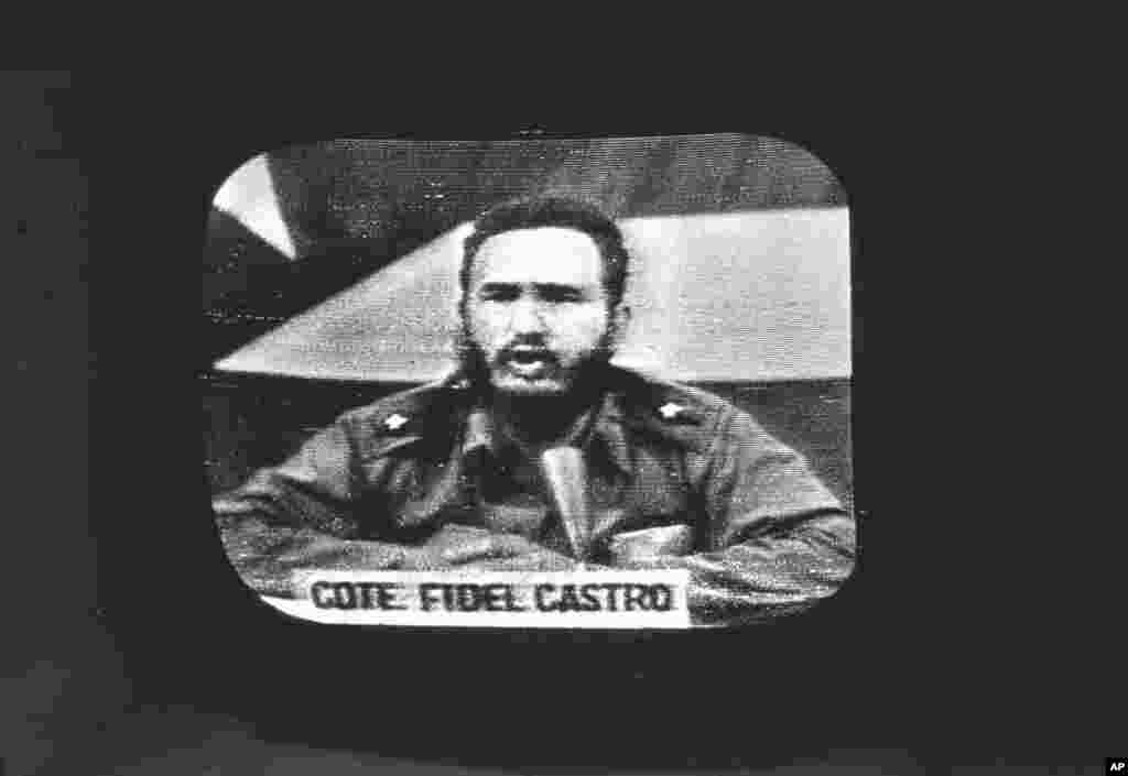 This file photo shows Cuban President Fidel Castro replying to U.S. President John F. Kennedy's naval blockade via Cuban radio and television on October 23, 1962.