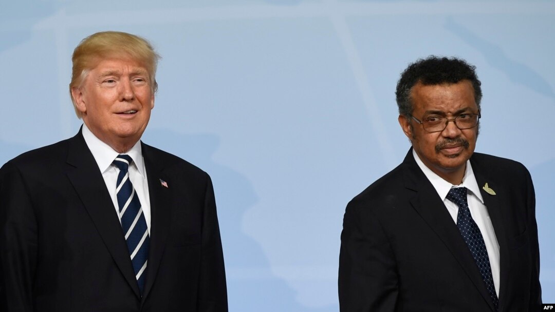 Rais Donald Trump na Mkuu wa Shirika la Afya Duniani (WHO) Tedros Adhanom wakiwa Ujerumani wakati wa mkutano wa G20, 2017.(Photo by SAUL LOEB / AFP)