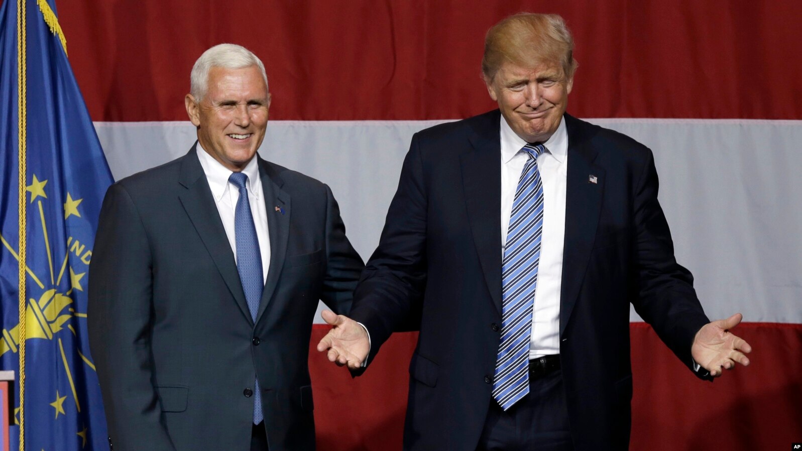Indiana Gov. Mike Pence joins Republican presidential candidate Donald Trump at a rally in Westfield, Indiana, July 12, 2016.